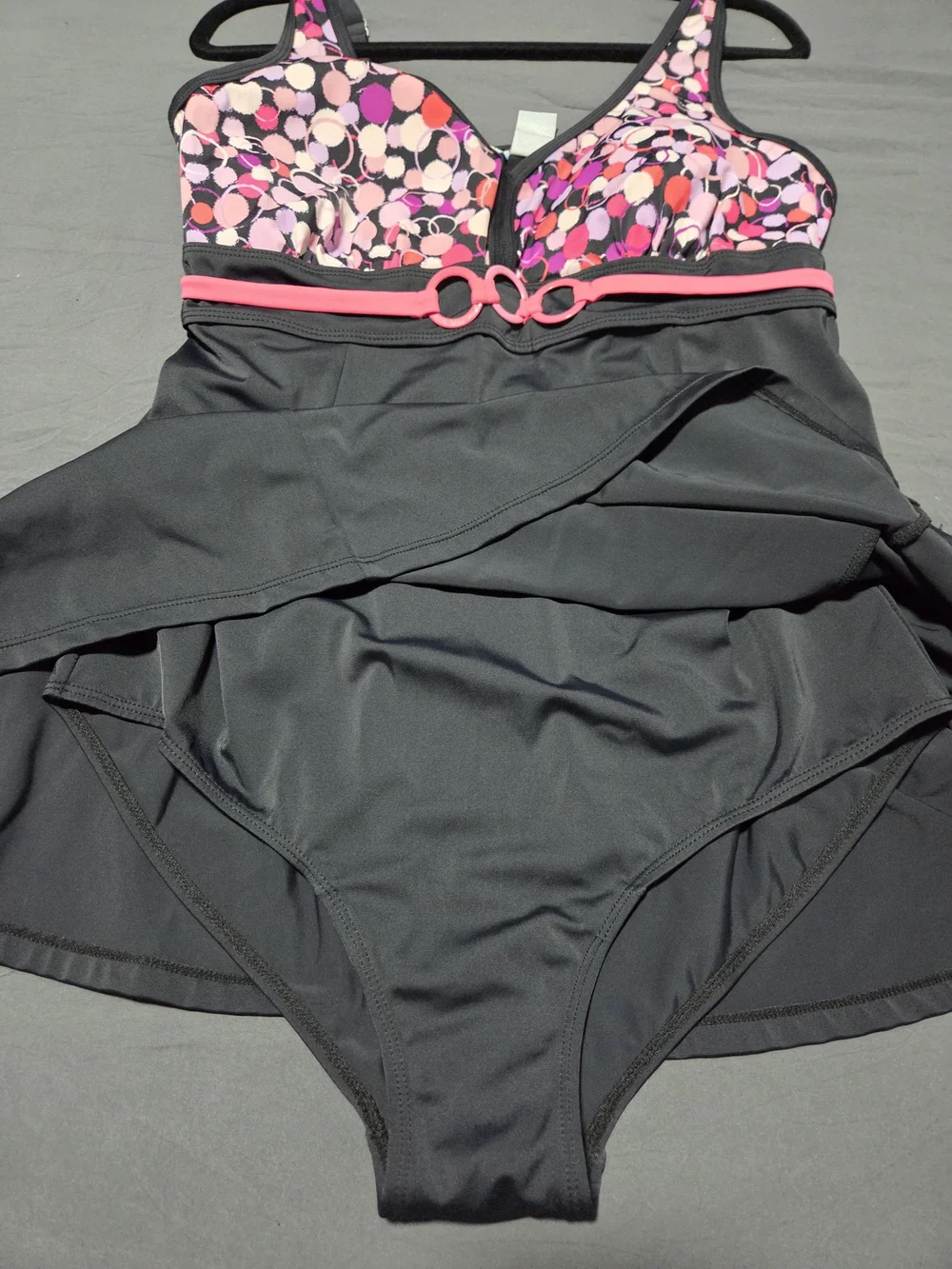 Black One-Piece Swimdress with Pink Polka Dot Bodice